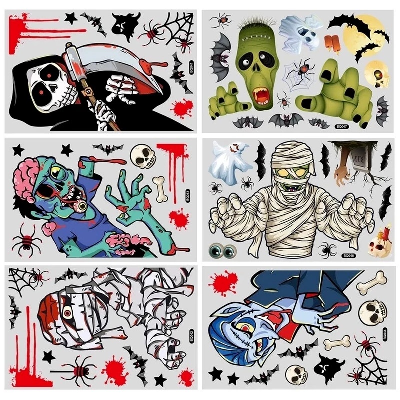 1pc Stiker Dinding Decal Desain Kartun Tengkorak &amp; Penyihir &amp; Labu Untuk Dekorasi Halloween
