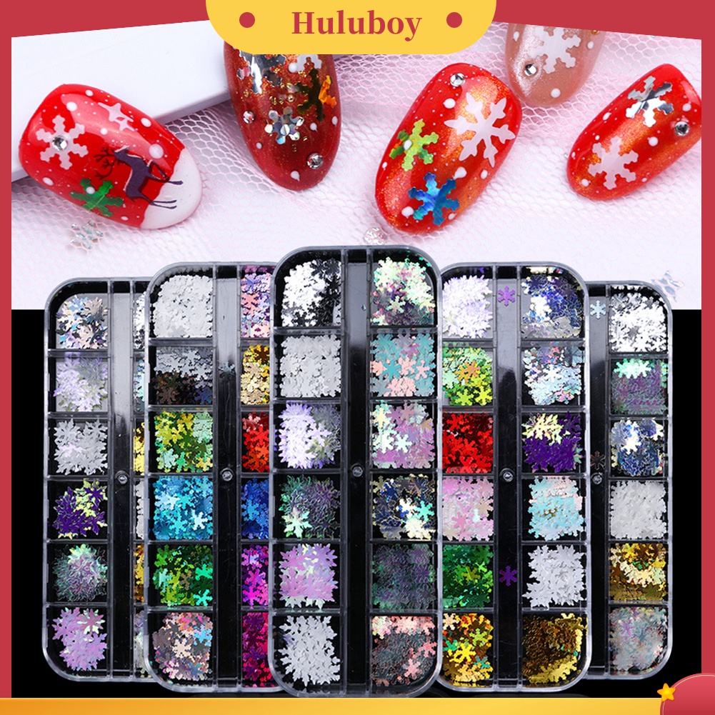 Huluboy Huluboy♡ 12 Sekat Payet Glitter Snowflake 3D Multi Warna Untuk Dekorasi Nail Art