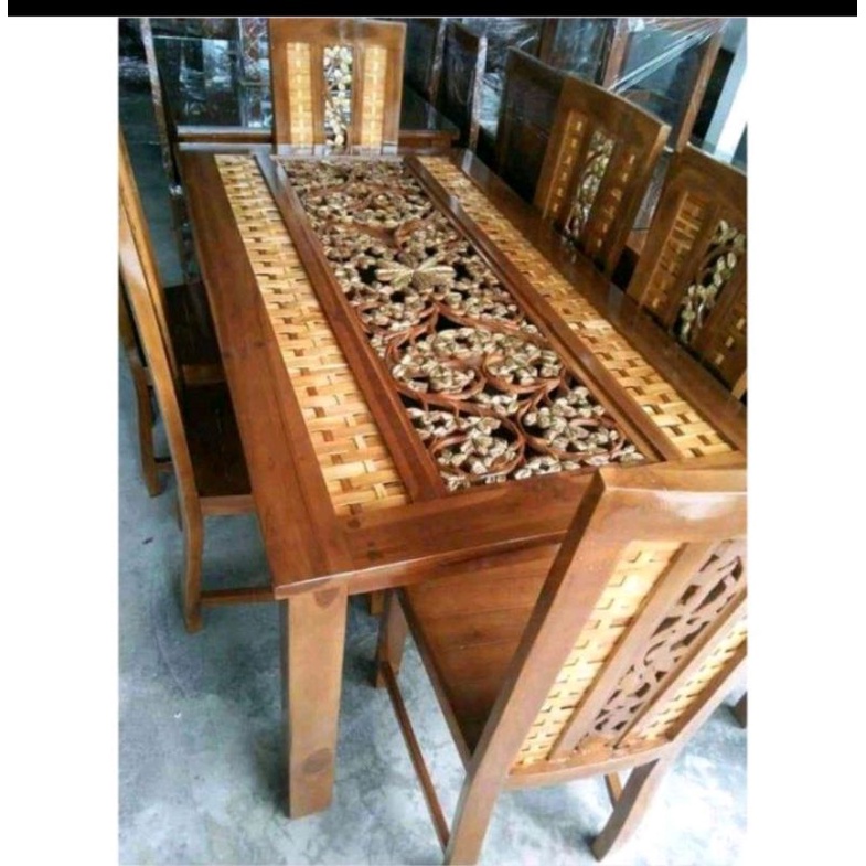 meja makan kepang kayu jati/set meja makan ukir  jepara