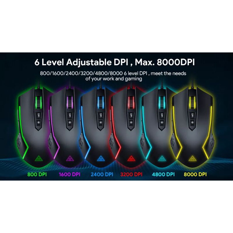 EKSA EM100 RGB Gaming Mouse Gamer USB Wired Gaming Mice 8000 DPI with 6 Color Backlight 7 Programmable Buttons for PC laptop