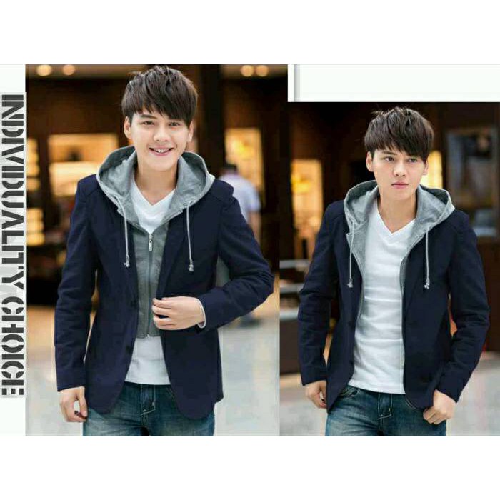 Jual Jaket Blazer Cowok Hoodie Zip Casual Navy Exclusive