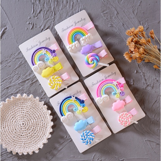 Jepit Rambut Korea Anak Perempuan Motif Pelangi Lucu 1 Set 3 Pcs Aksesoris Jepitan Rambut fashion korea Import AK101