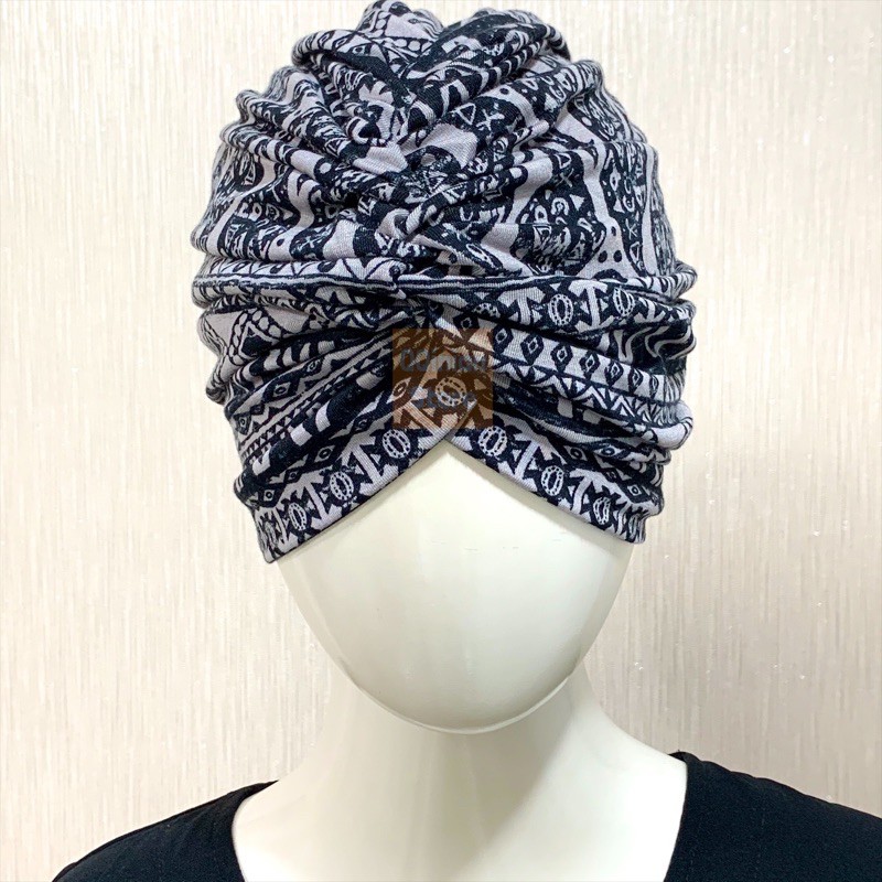 Turban Hijab Instan Instant QQinian Wanita Dewasa Fashion Muslim Motif Tribal Etnik Abu Hitam Grosir