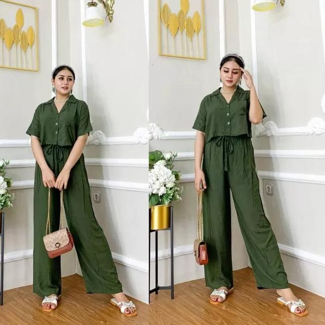 BIG DISKON One Set Crop Rayon Bali - Setelan Wanita Korean Style Kancing Depan Kekinian (baju+celana