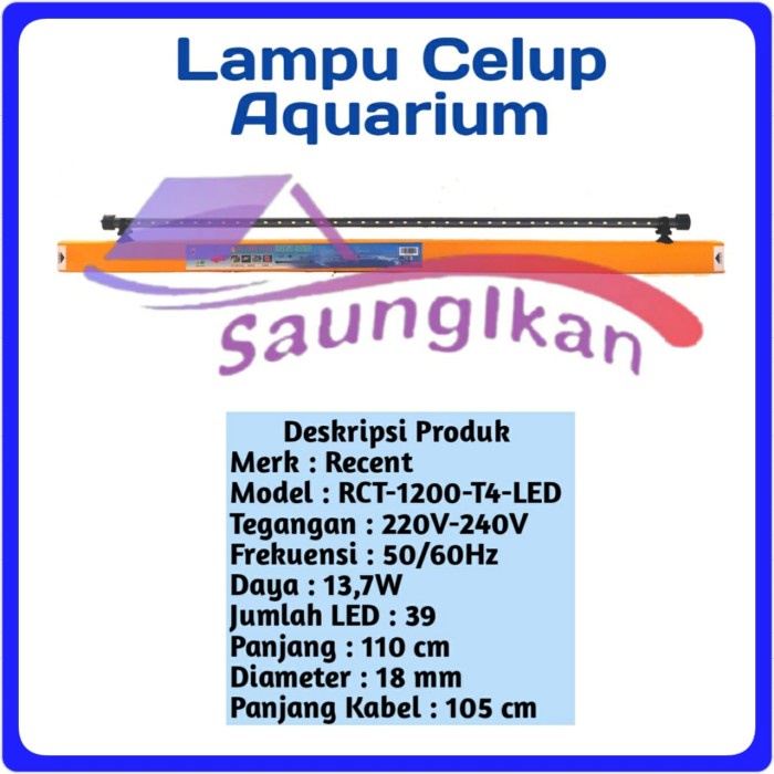 Lampu Led celup Aquarium Aquascape RECENT T4 1200 120 cm Cahaya Putih