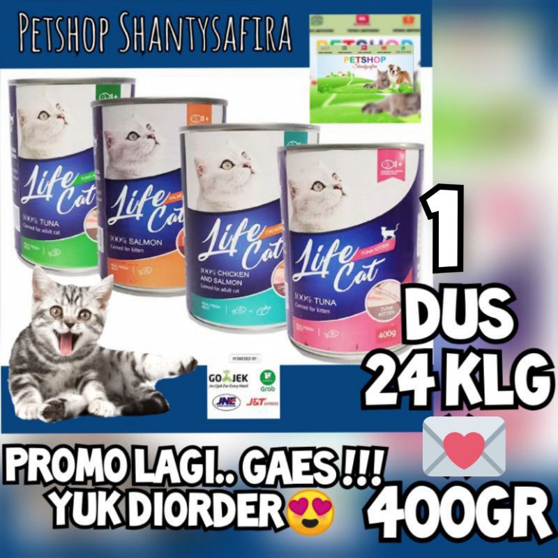 MAKANAN KUCING BASAH LIFECAT LIFECAT KALENG KITTEN / ADULT LIFE CAT KALENG 400 GR 1 DUS ISI 24 KLG