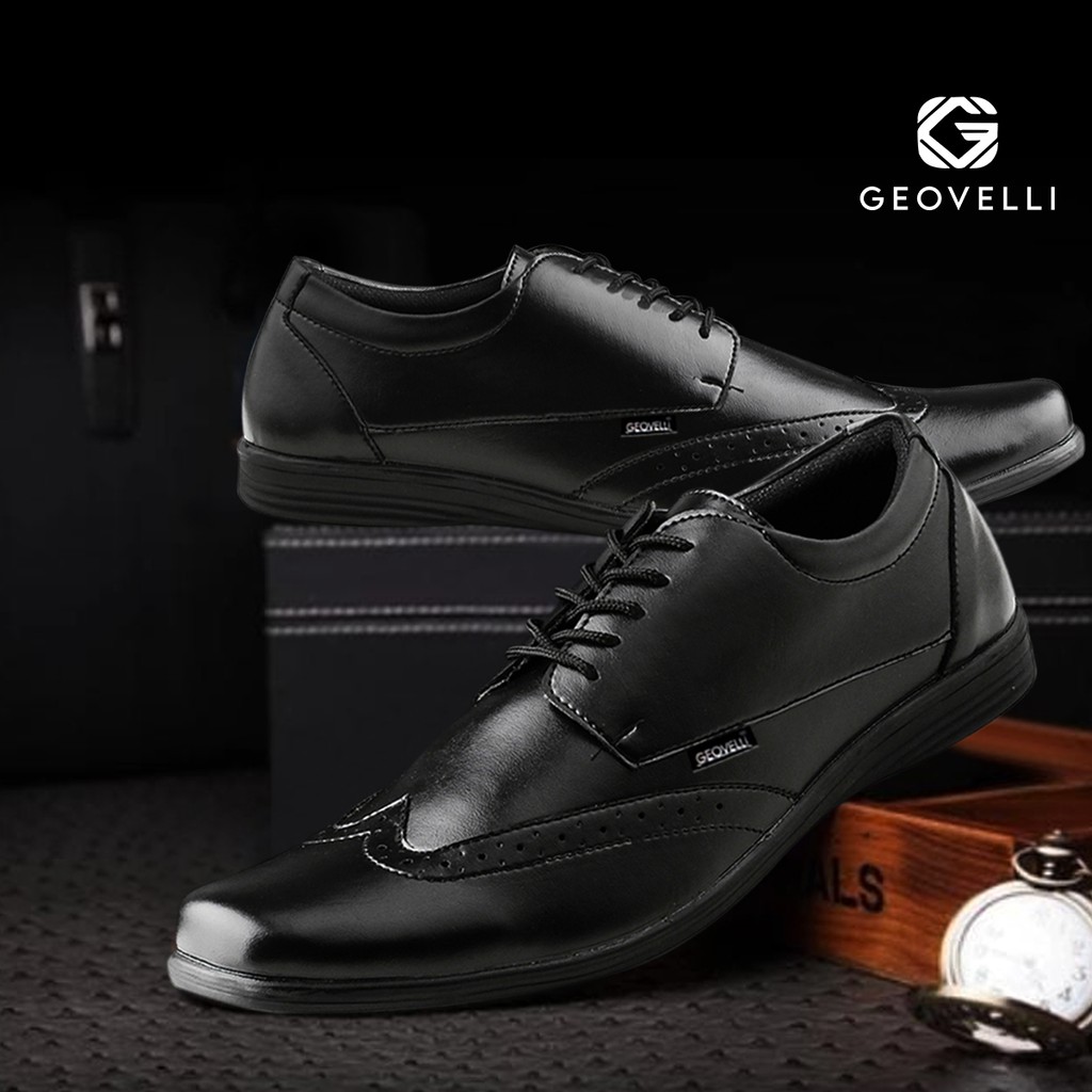 GEOVELLI | Sepatu  Pantopel Pria Kulit Hitam Sepatu Pantofel Formal Kerja Dinas Pesta Kulit - FULL BLACK