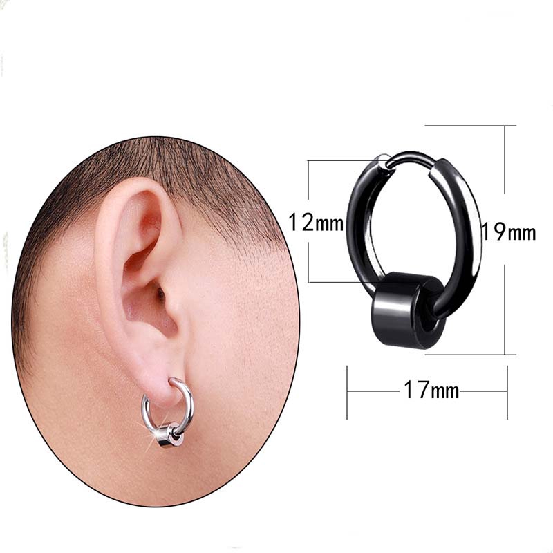 2piece Anting Baja Titanium Pria Hoop 12mm Hitam Perak Tidak Luntur