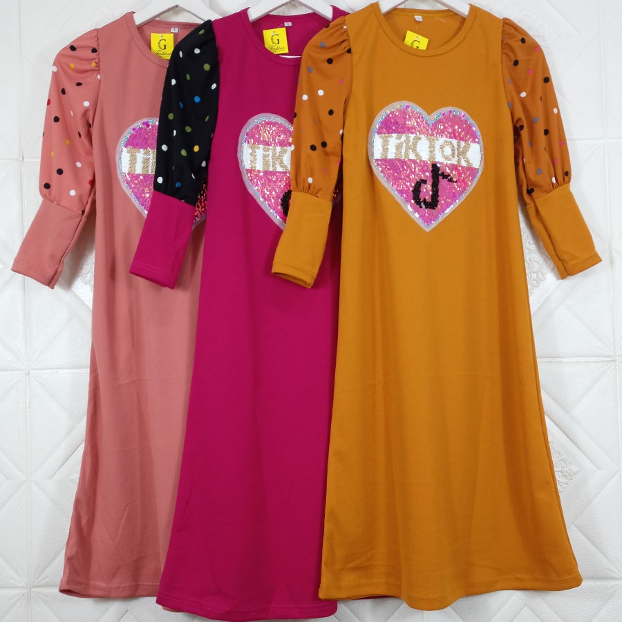 GAMIS ANAK TIIKTOK MANIK LENGAN KERUT CANTIK DRESS 4-12tahun CARLINA