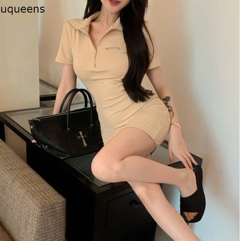 Gaun Bodycon Ritsleting Musim Panas dress Kerah turndown Lengan Pendek