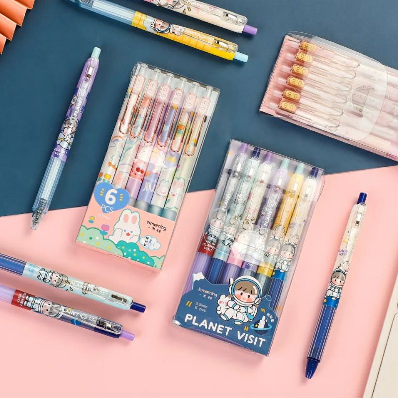 

JOURNALCARE.ID || 6 PCS/BOX PENA GEL SET LUCU Pulpen Gel Mekanik Black Ink 0.5mm Fine Point Cute Cartoon Bear Manual Gel Pens