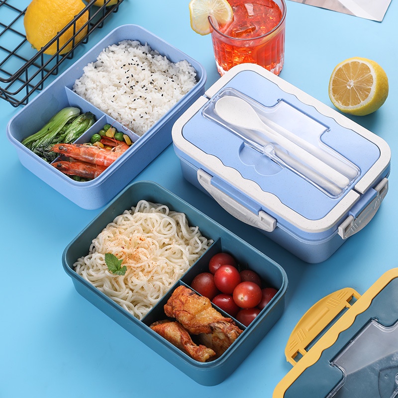 COD✅ Lunch Box Set Kotak Bekal Makan Jerami Gandum kotak makan ​1000ml 4 In 1 Free Sendok Tempat Makan   Z014