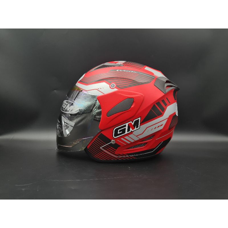 HELM HALFFACE GM FIGHTER MOTIF VENDER WARNA RED SILVER DOFF
