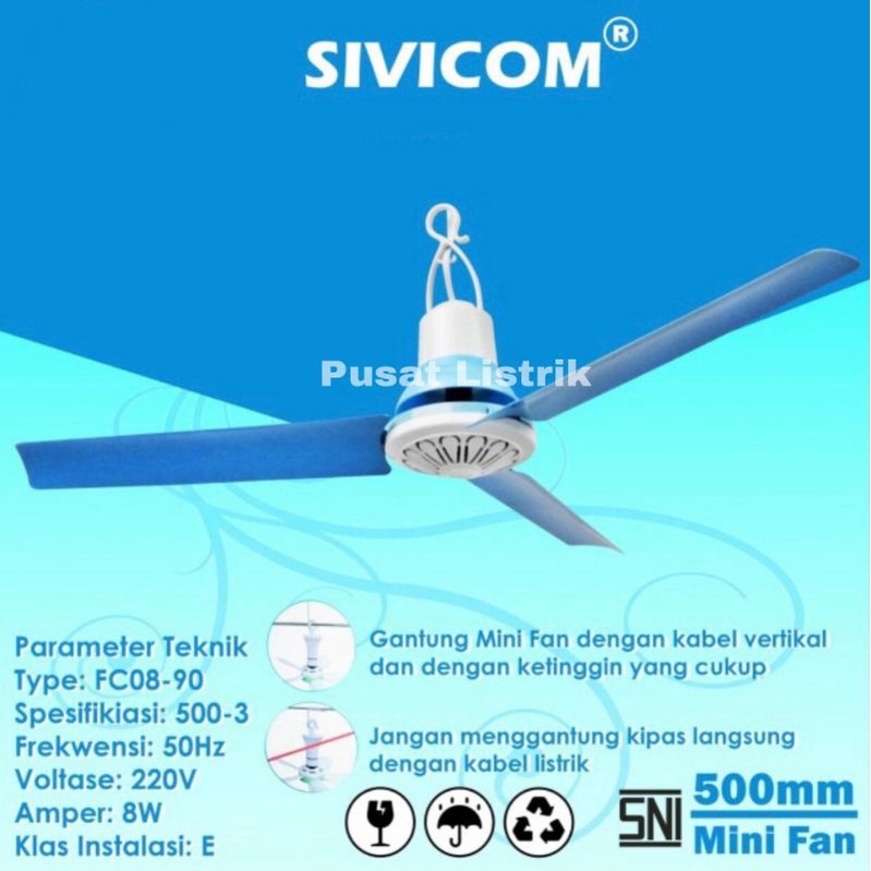 Kipas Angin Gantung 8watt Biru Muda 3 Baling/Minifan  500mm Sivicom