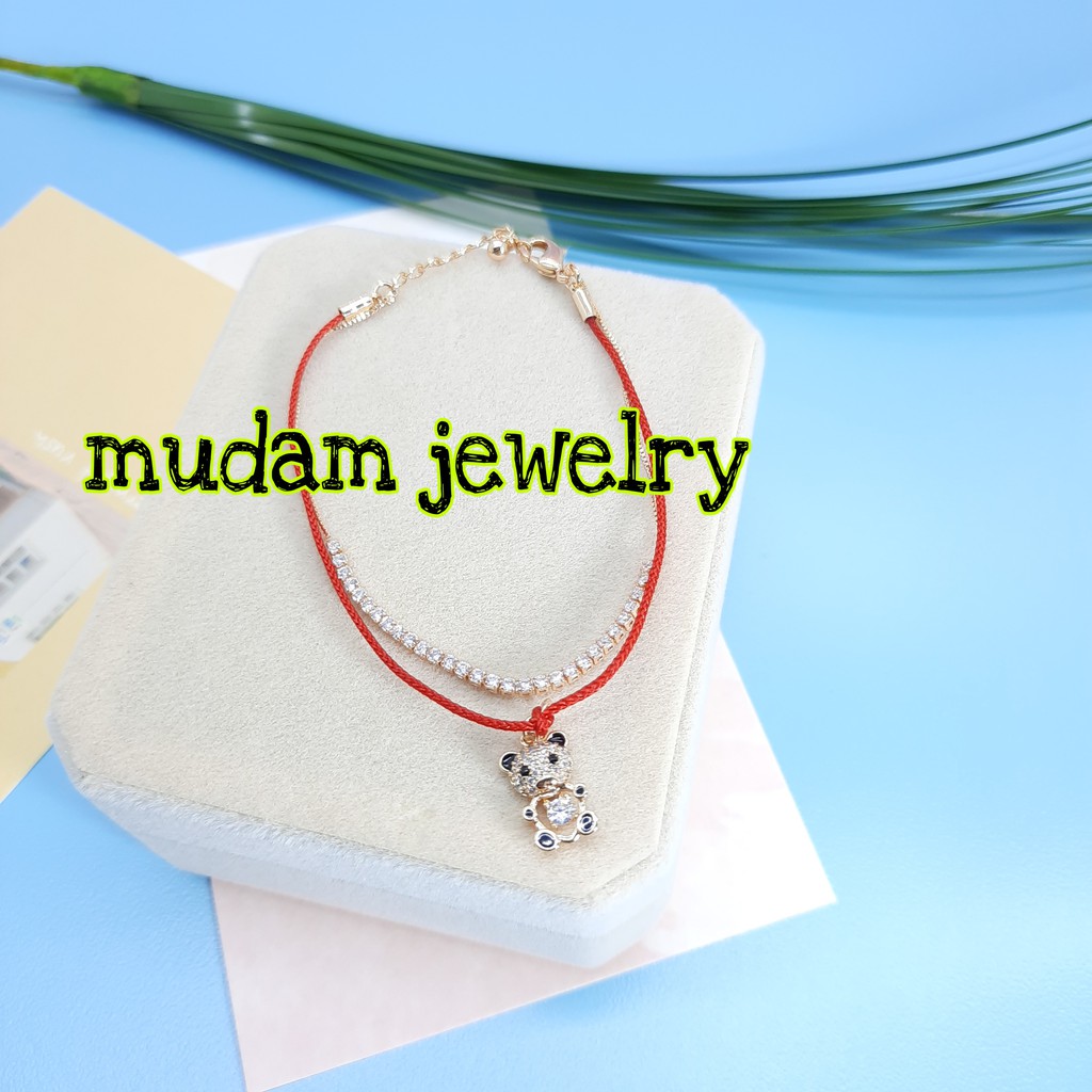 Gelang Tali Merah dan Serut Model Tali Teddy Bear Dengan Mata Zirkon Baris Plated 18K