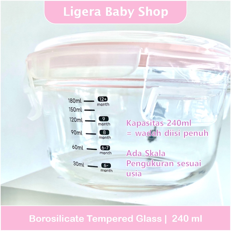 [Uk.200-240ml, bukan mini :) ] LIGERA Baby Glass Food Container Ada Takaran / Wadah Kaca Tempat Simpan Makanan MPASI BPA Free