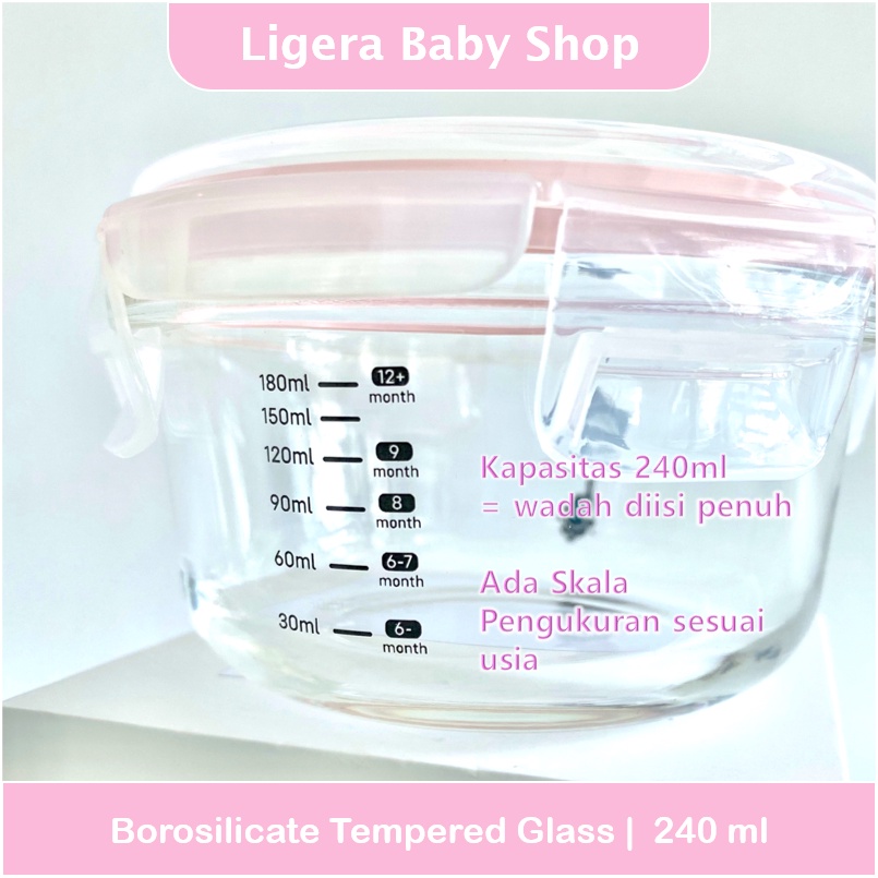 [Uk.200-240ml, bukan mini :) ] LIGERA Baby Glass Food Container Ada Takaran / Wadah Kaca Tempat Simpan Makanan MPASI BPA Free