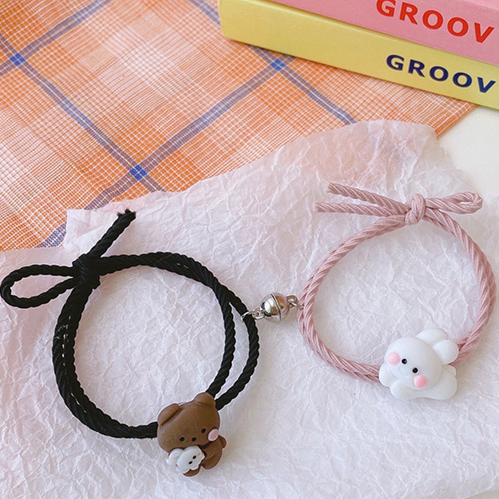 2Pcs Tiktok Lucu Beruang dan Kelinci Magnetik Pasangan Pacar Gelang Karet Gelang Wanita Pria