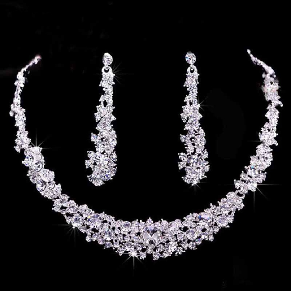 1 Set Kalung Anting Stud Kristal Berlian Imitasi Untuk Wanita