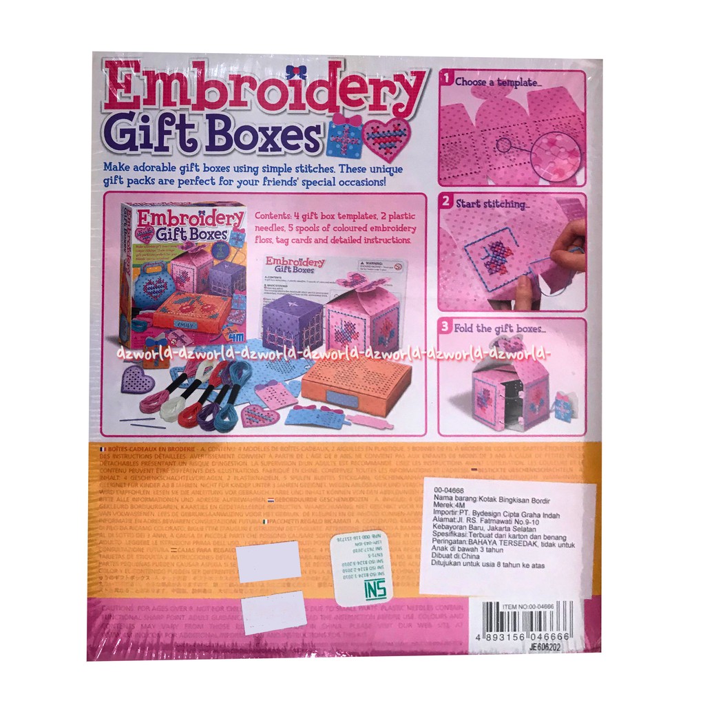 Embroidery Gift Boxes buat 4 kotak hadiah yang menggemaskan menggunakan jahitan bordir sederhana
