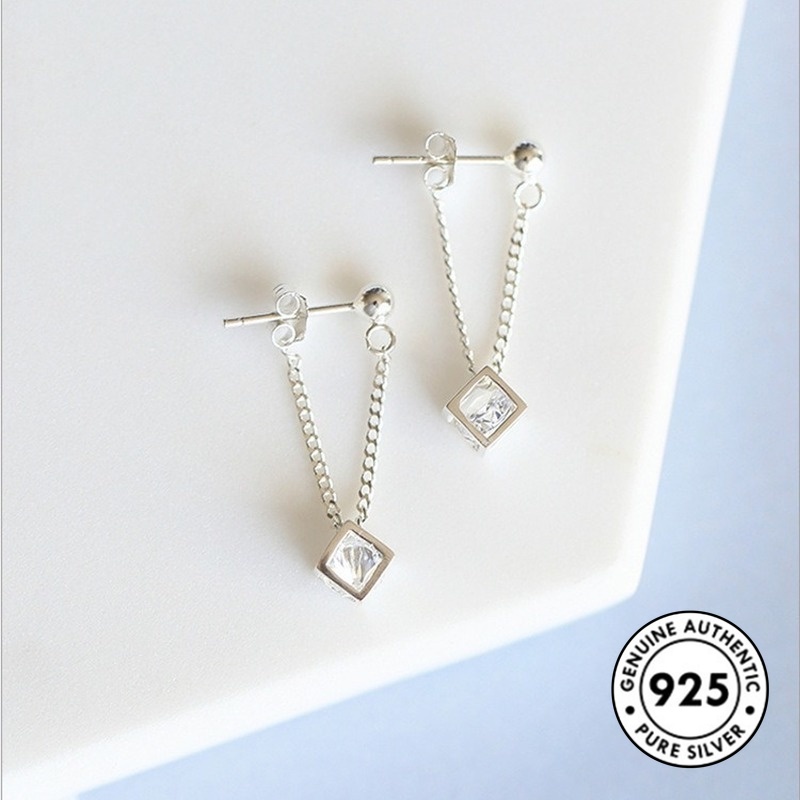 Anting Tusuk Sterling Silver 925 Desain Kubus Hollow Hias Berlian Imitasi Untuk Wanita