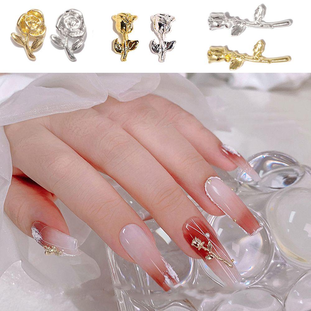 Agustina Bunga Kuku Dekorasi Pesona Logam Elegan Warna Emas Perak Flowers Floral 3D Manicure Accessoires