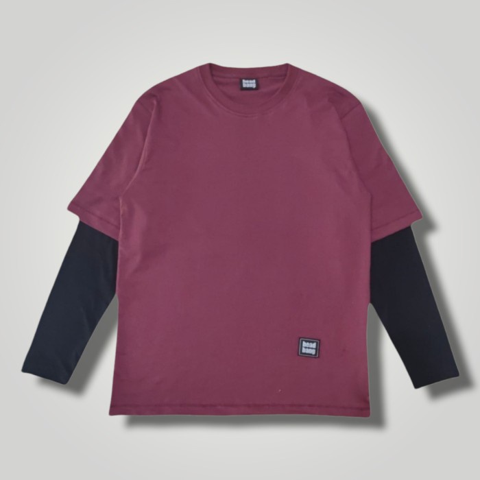 KAOS LENGAN PANJANG PRIA WANITA LONG SLEEVE DOUBLE LAYER BURGUNDY TERBARU