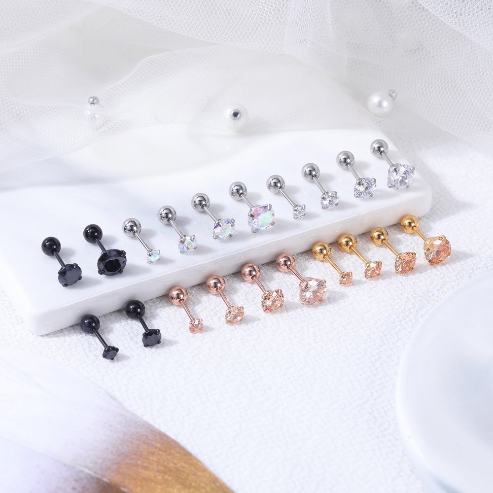 4-24pcs / lot Anting Stud Helix Tulang Rawan Bentuk Bulat Aksen Kristal Bahan Stainless Steel Ukuran 3 / 4 / 5 / 6MM