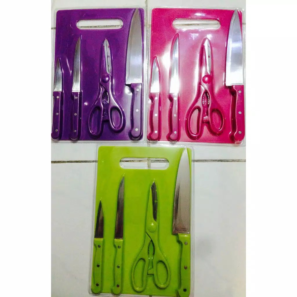 Pisau Set Talenan 5in1 - Talenan - Pisau Daging - Kupas Buah - Roti - Gunting 5 in 1