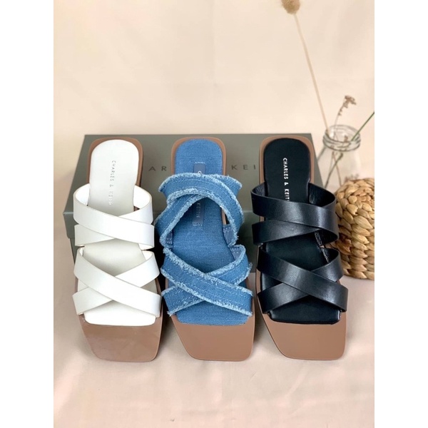 Sepatu Sendal Kulit Wanita CK Crossover Textured Flat Sandals Shoes Premium Import Anti Slip Hitam B