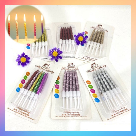 Lilin Ulang Tahun Spiral Kecil 10 Pcs Lilin Ulir Metalik Birthday Candle Party Warna Warni Lilin Spiral Metalic Pastel Polos Gold Murah Import