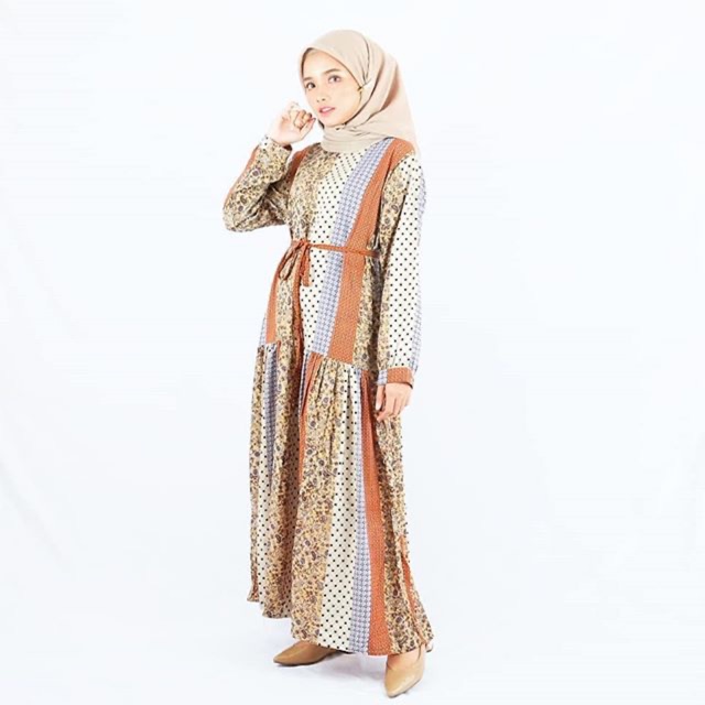 dress gamis motif bunga kombinasi