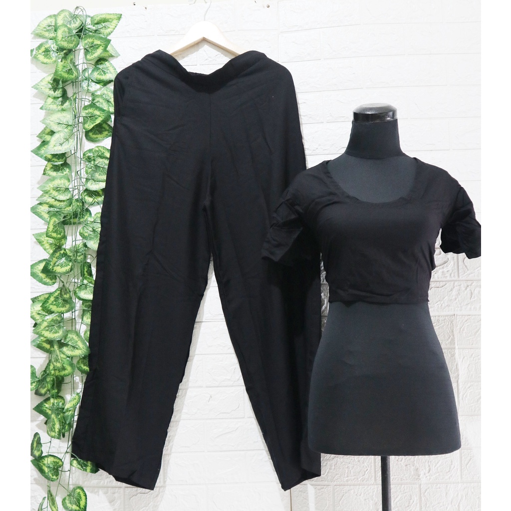 Baju Setelan wanita Crop Square Kekinian Karet / one Set Crop Square/ Top wanita-Hitam Polos