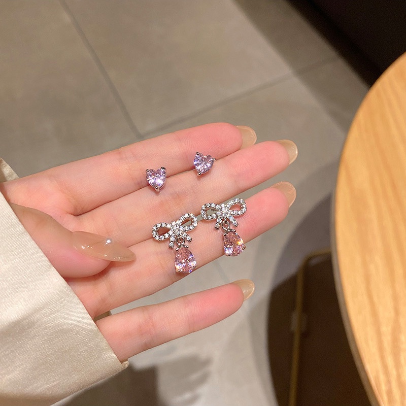 Set Anting Tusuk Sterling silver 925 Desain Pita Hias Kristal Zircon Warna Pink Untuk Wanita