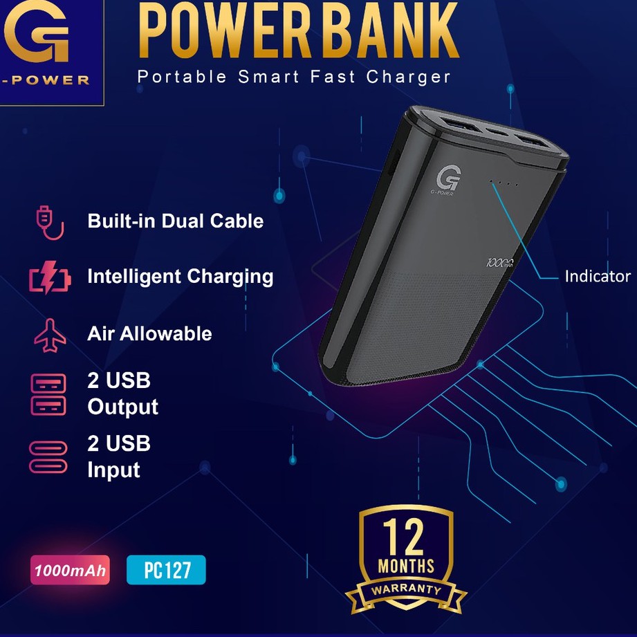 GPOWER POWERBANK PC-127 10000mAh with Built-in DUAL CABLE, INTELLIGENT CHARGING &amp; SAFE FOR FLIGHT