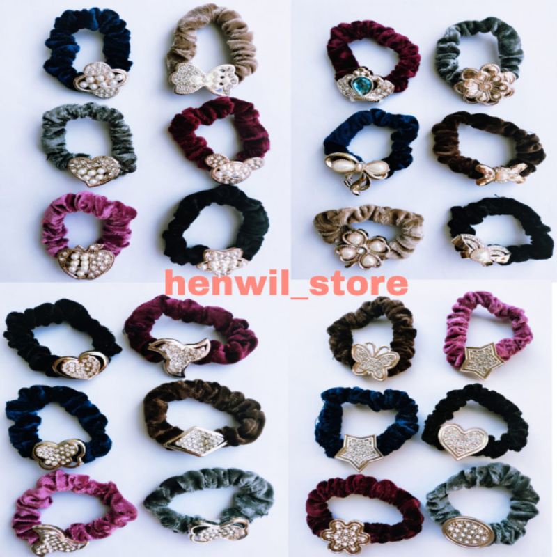 Ikat rambut bahan bludru velvet motif mutiara permata