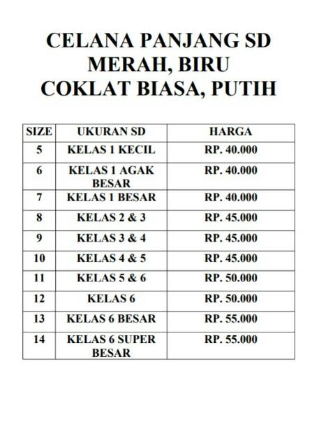 Celana panjang coklat SD seragam sekolah