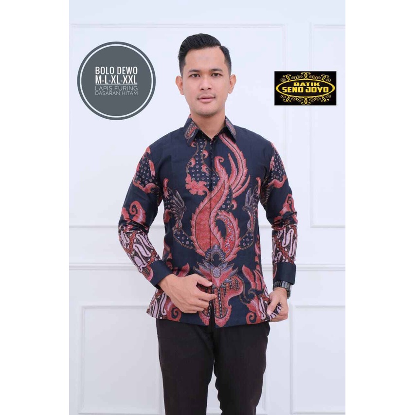 Batik lengan panjang pria terbaru 2022 BOLO DEWO / Kemeja batik lengan panjang warna merah hitam / baju batik pria bahan katun halus full furing reguler fit