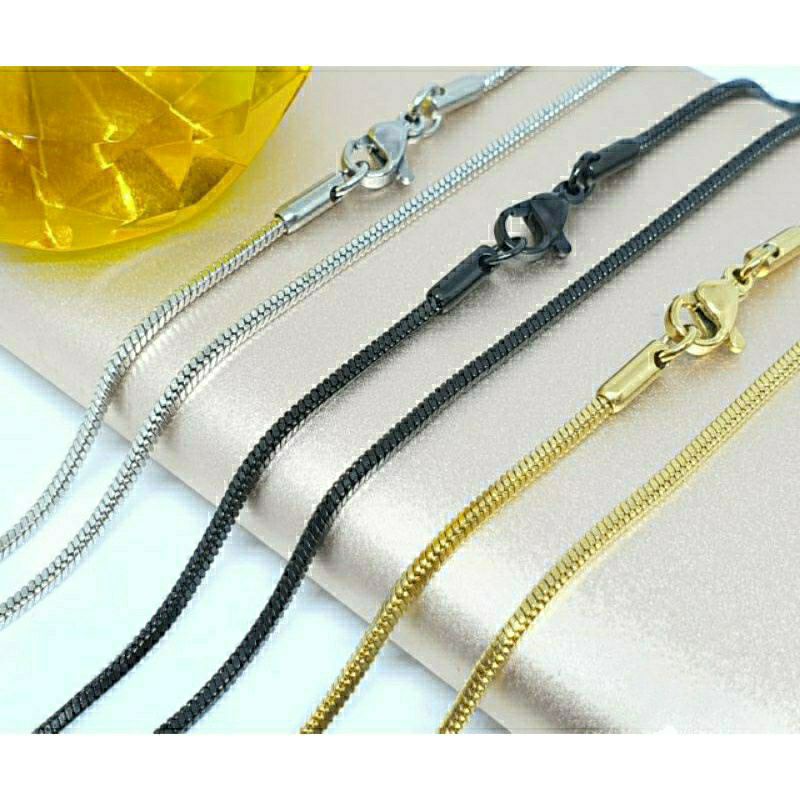 (60cm)Kalung Pria Wanita Real Titanium Anti Karat Kotak Warna Silver Gold Black - Italy