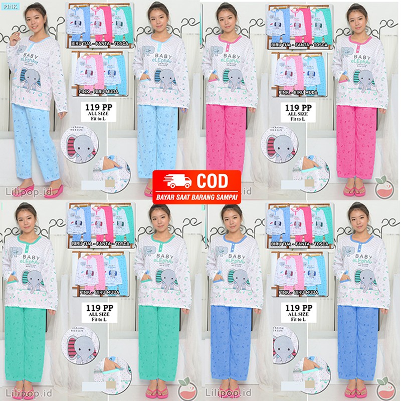 Baju Tidur Celana Panjang Wanita PP Alsize Lengan Panjang Baby Doll Bahan Kaos Murah Lilipop Elephan