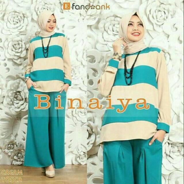 Setelan Muslim Wanita Gamis Binaiya Baju Lebaran Garis Warna Biru Tosca