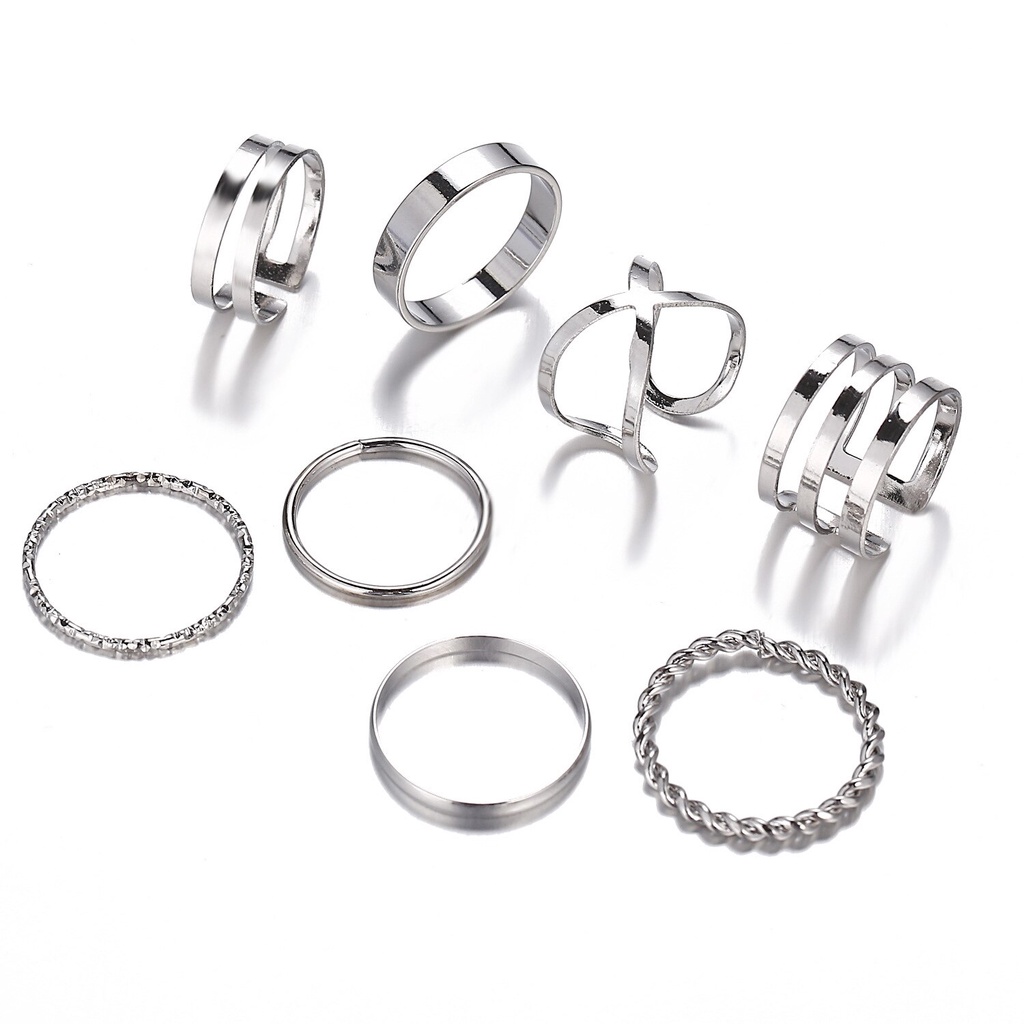 8Pcs Rings Set Silver Gold Ring Finger Jewelry Round Cross Twist Multi-layer Geometric Opening Adjustable Ring Jewelry Gift