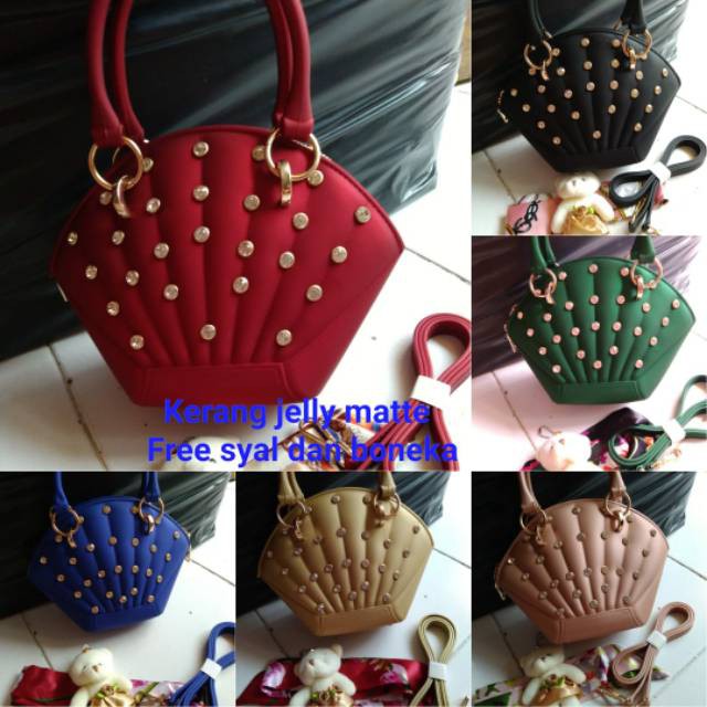 TAS PUNGGUNG WANITA CANTIK BERKILAU 0/ Kerang diamond jelly matte uk 24 free syal boneka tas import