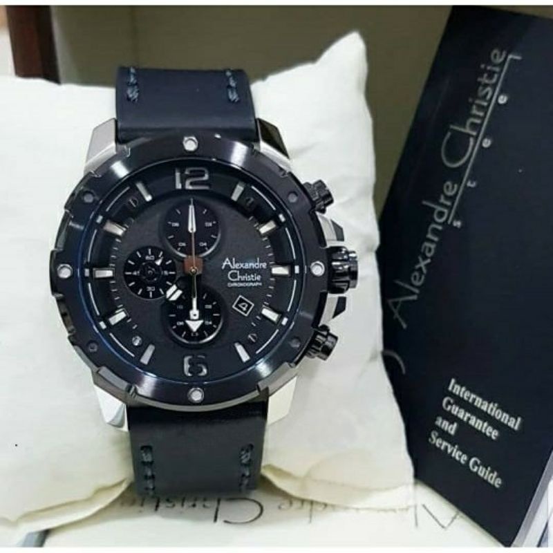 Alexandre Christie Original AC6410MC Jam Tangan Pria Tali Kulit Hitam Silver