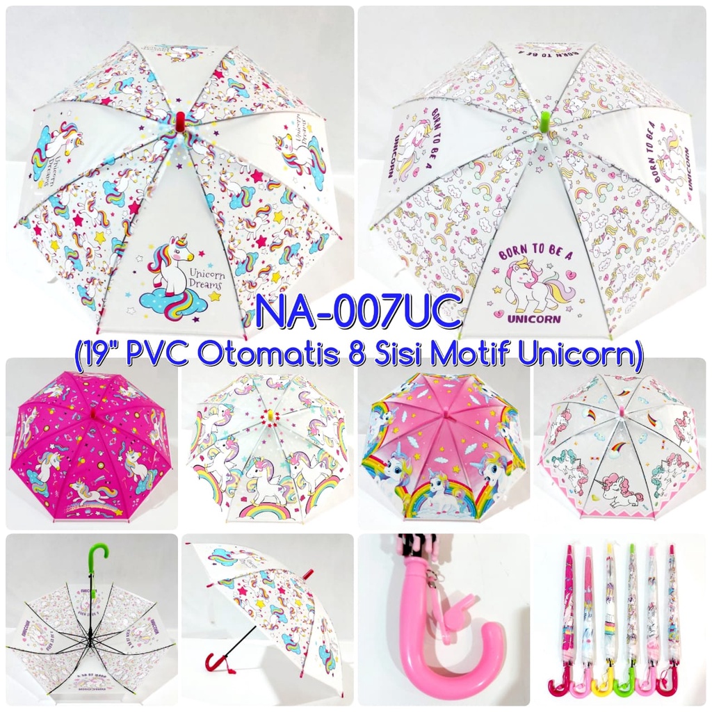 Payung Anak Lucu Unicorn Kuda Pony PVC Doff Semi Transparan + Pluit Print 8 Sisi MURAH