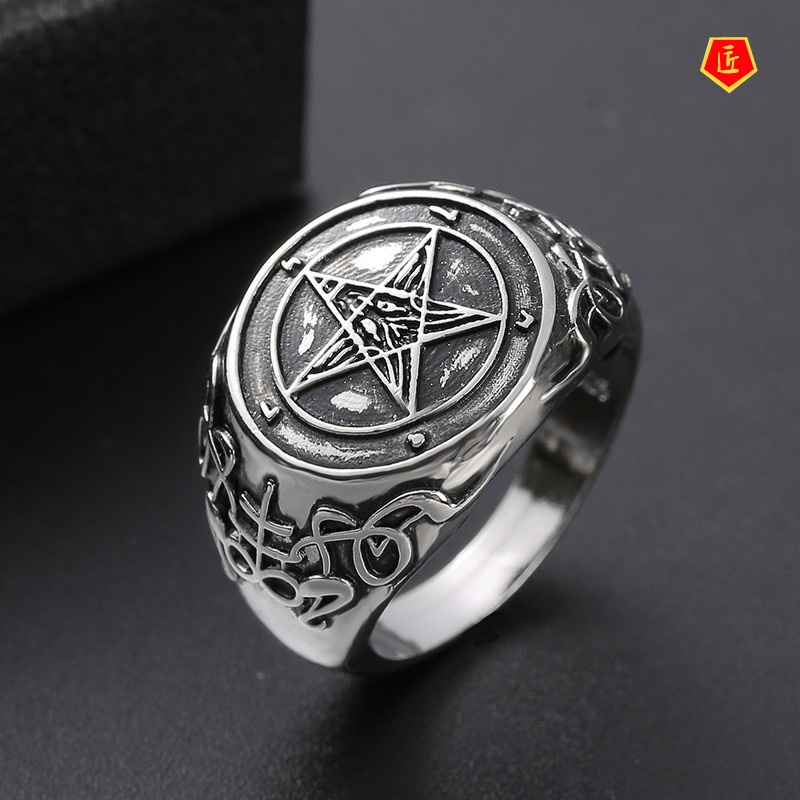 [Ready Stock]Retro Personality Silver Pentagram Band Badge Ring