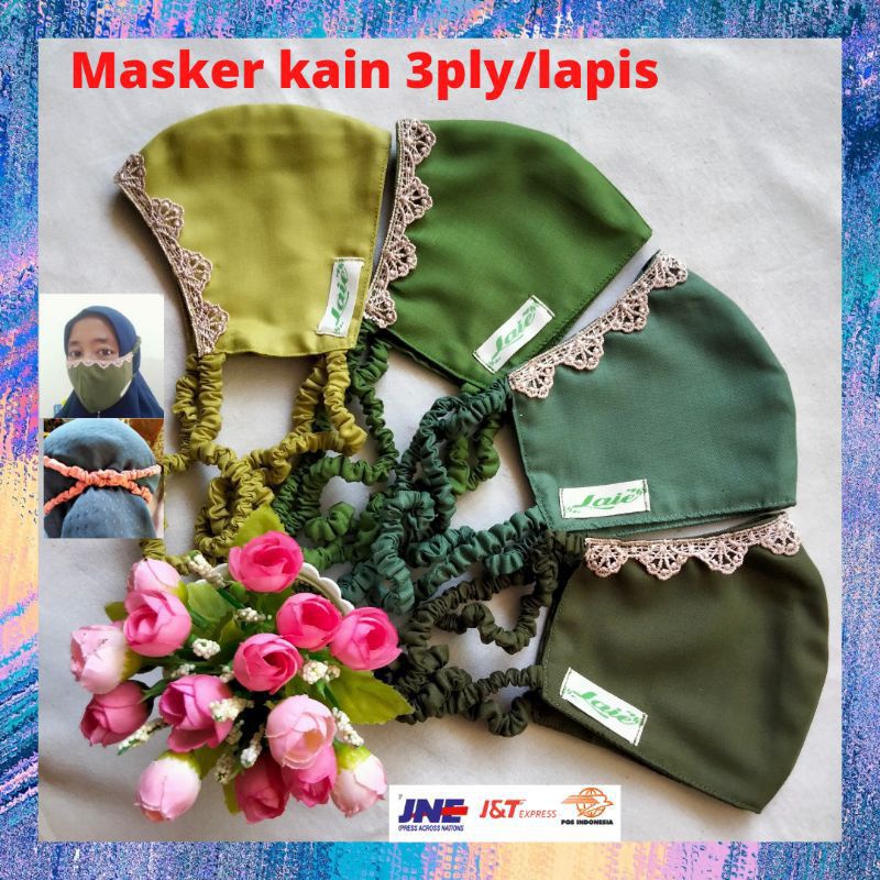 Masker Kain Katun Polos Hijab Renda Tiga 3 Lapis Ply 3ply Headloop Hijau Army