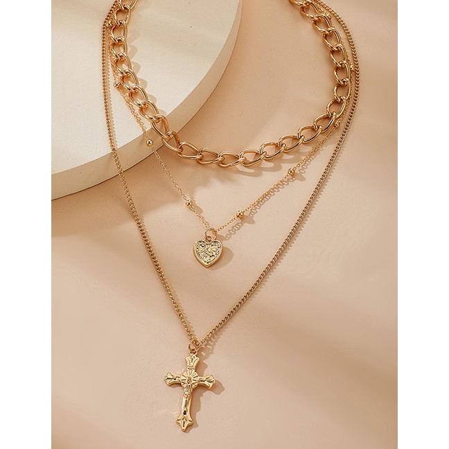 LRC Kalung Fashion Gold Color Alloy Cross Love Multilayer Necklace K92748