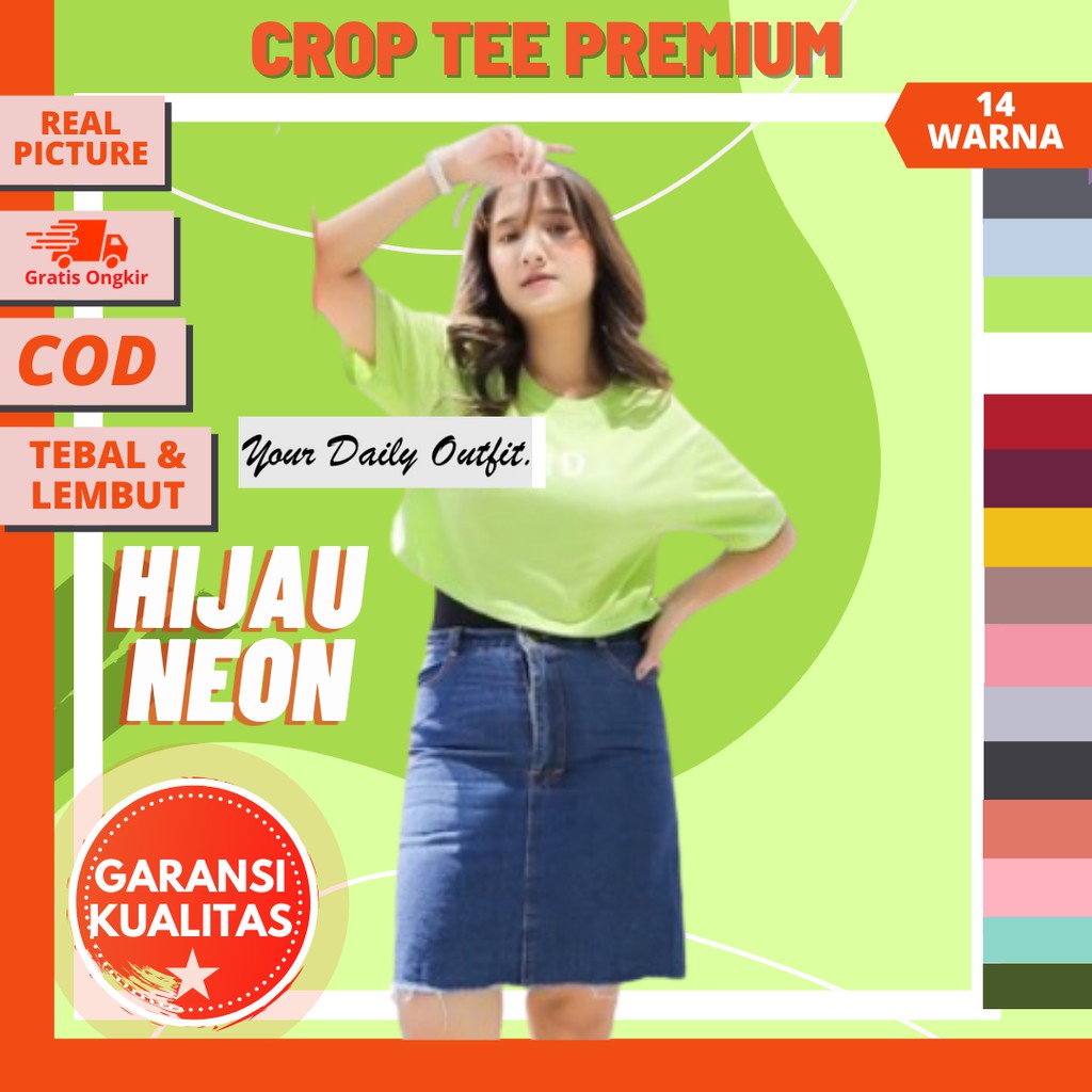 Kaos Crop Tee Polos Wanita Hijau Neon / Tshirt Crop Top Lengan Pendek Green Premium All & Big Size