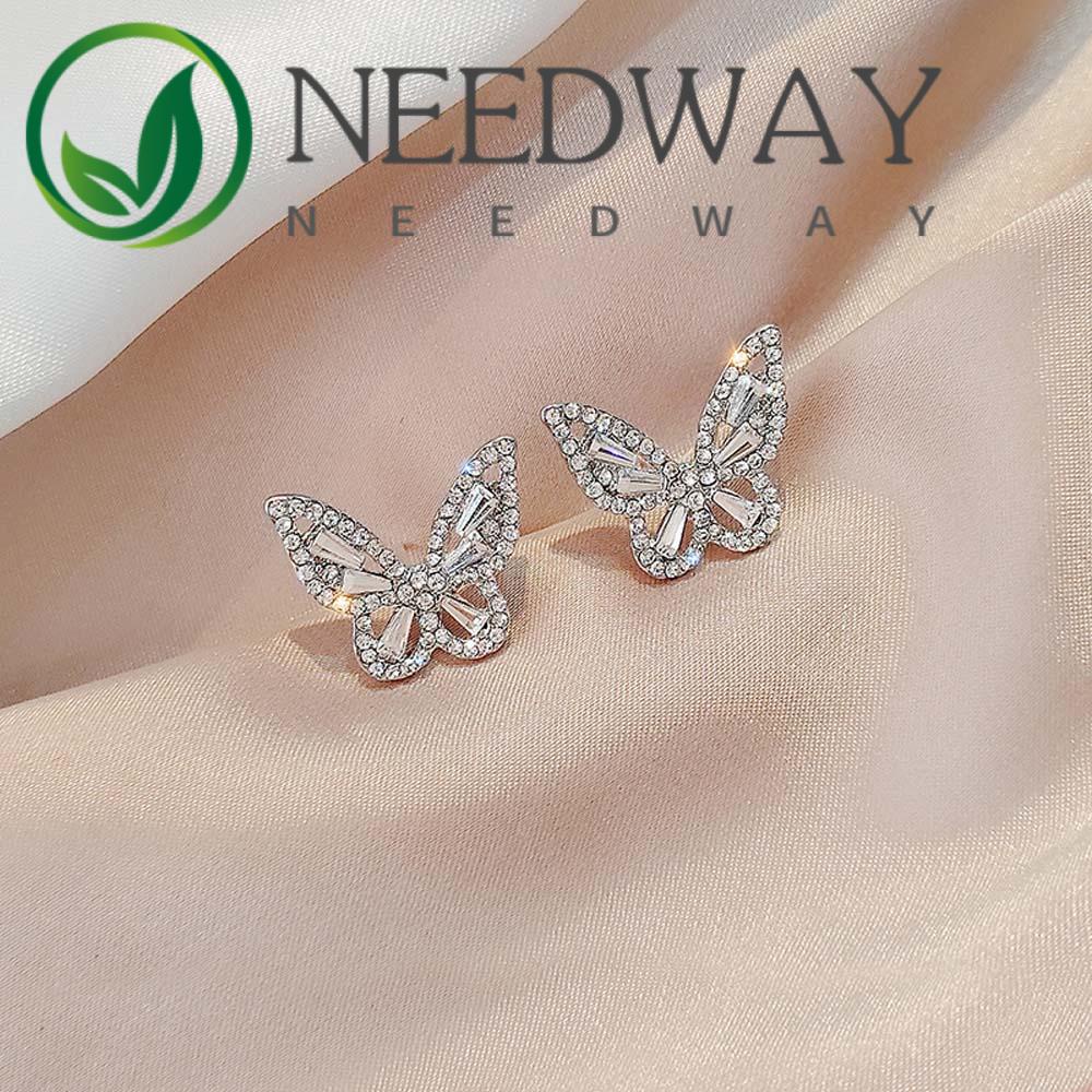 Anting Stud Silver Needle Bentuk Kupu-Kupu Kecil Aksen Berlian Imitasi Warna-Warni Gaya Korea Untuk Wanita